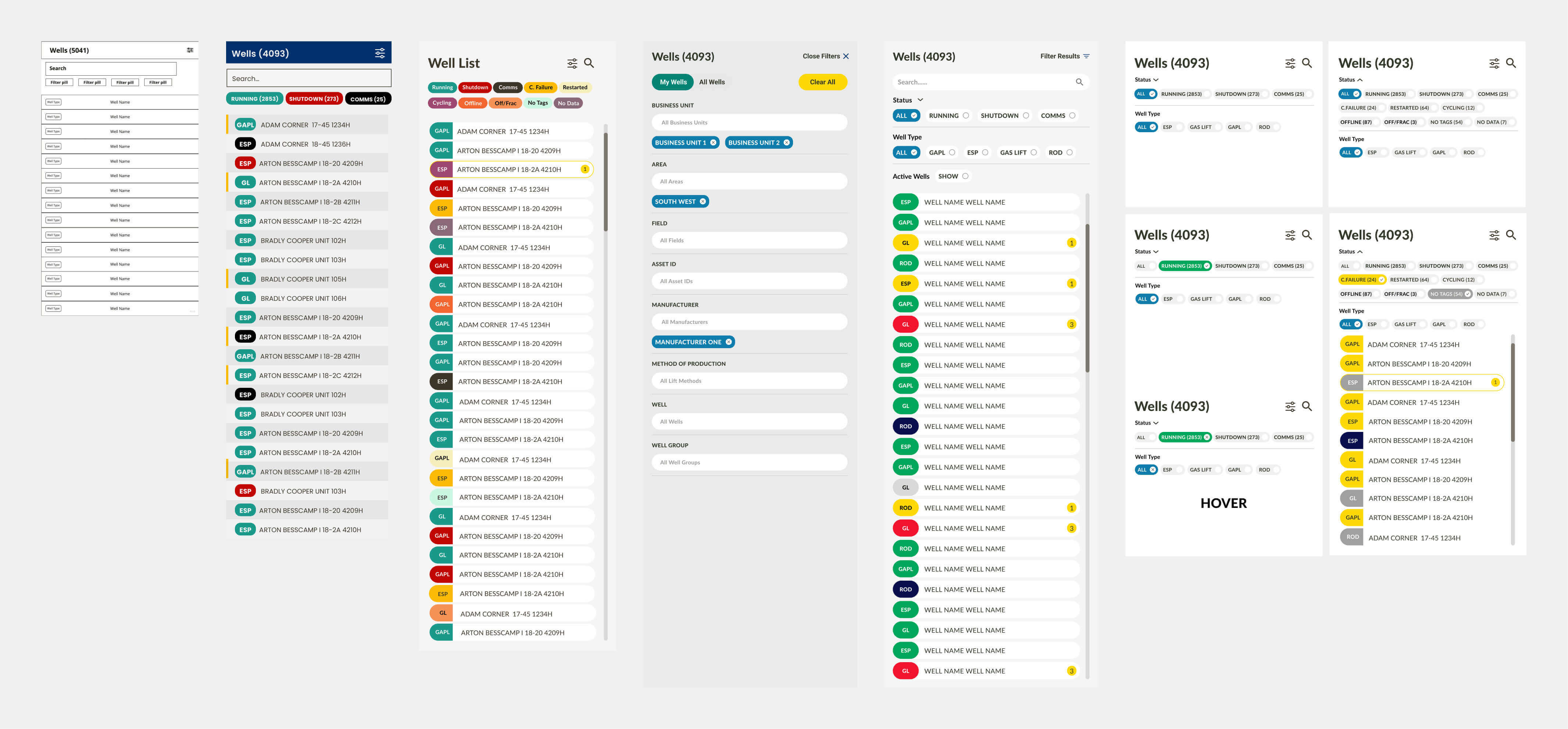 Design iterations for the Pumpchecker sidebar, well list and filter controls