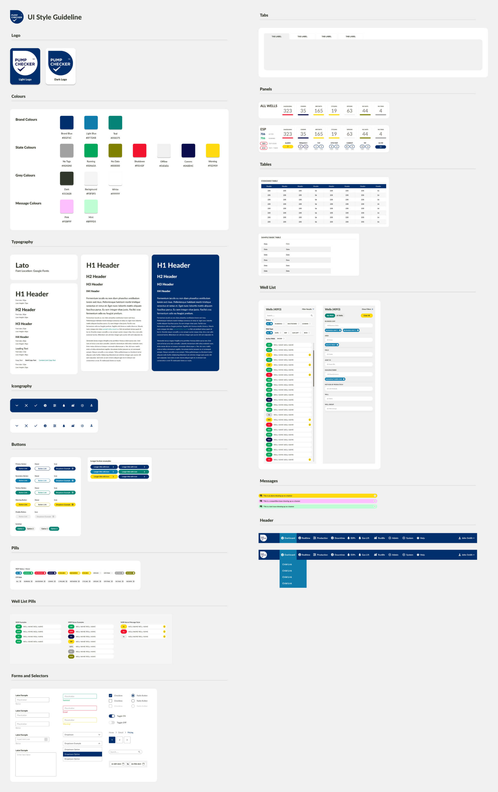 Pumpchecker design system showing interface components, colours and states
