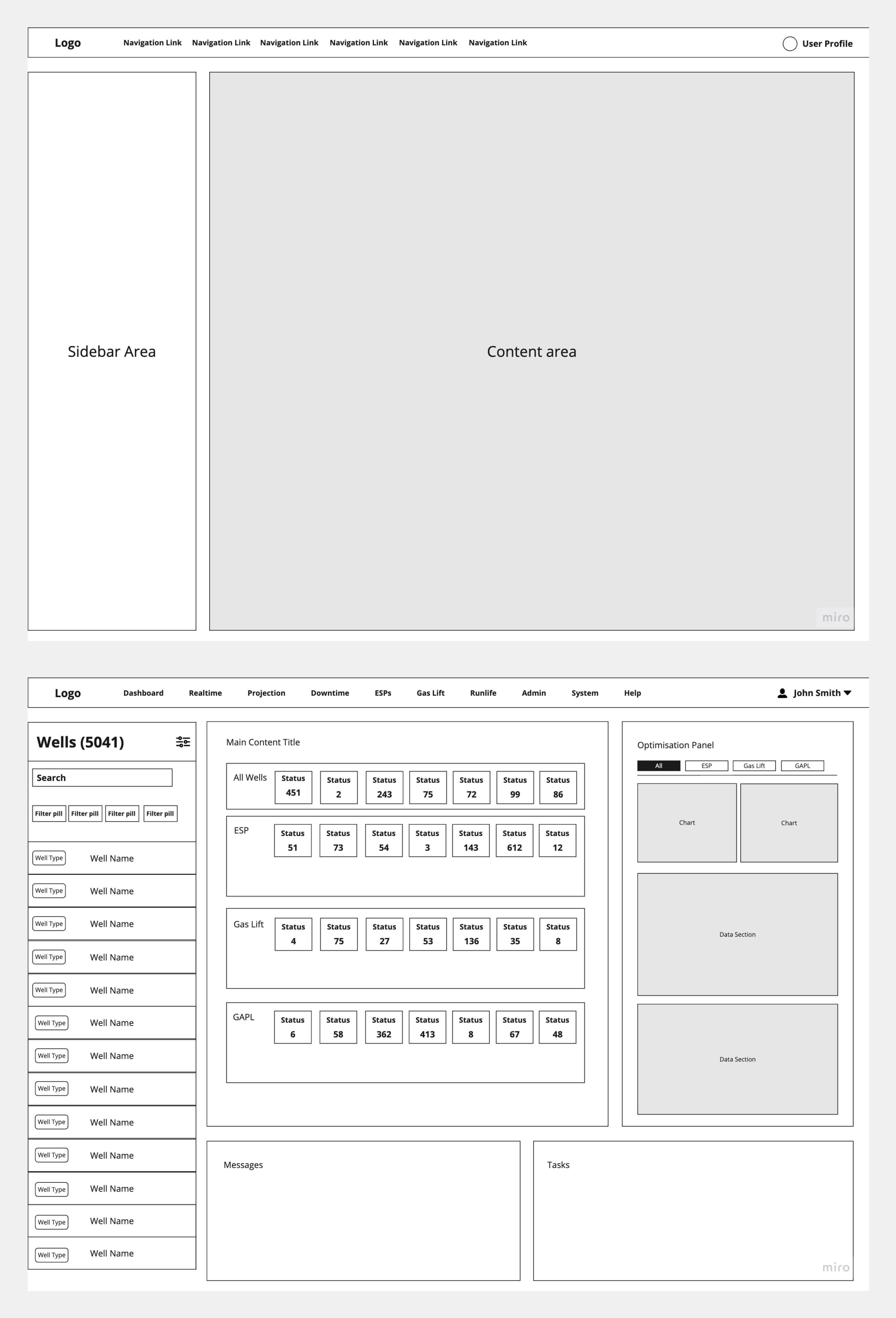 Early Pumpchecker dashboard wireframes exploring layout and hierarchy