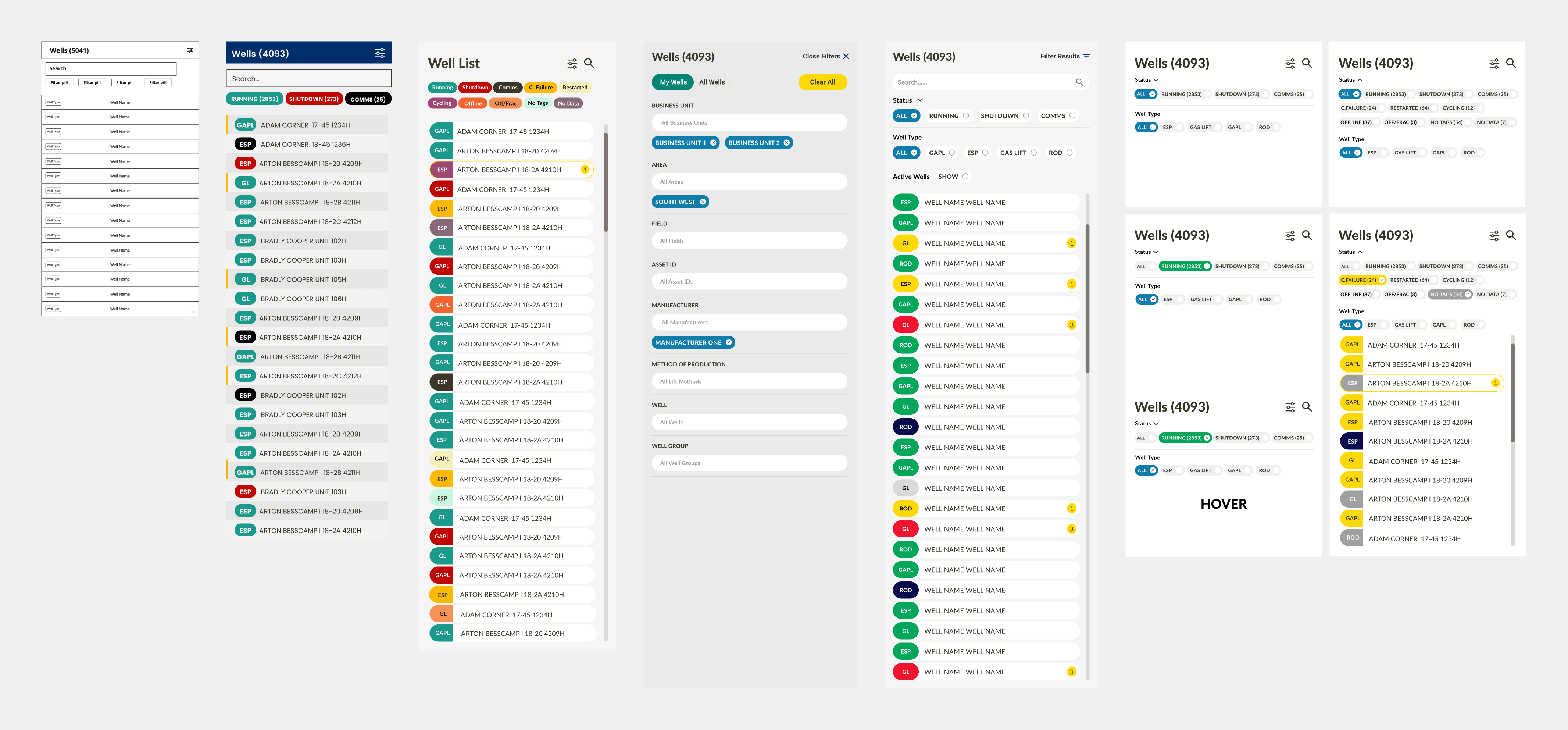 Sidebar well list and filtering options, design iterations
